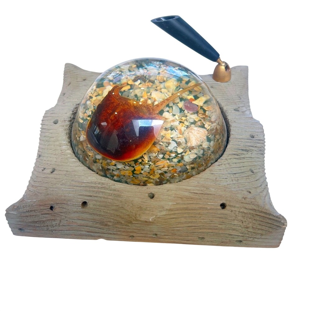 Vintage Fiddler on the Beach Horseshoe Crab Resin Paperweight Cedar Pen Holder - Picture 2 of 6